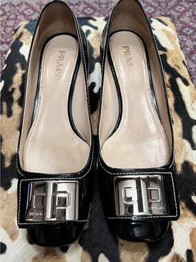 Prada Black Patent Leather Pumps with Silver Buckle